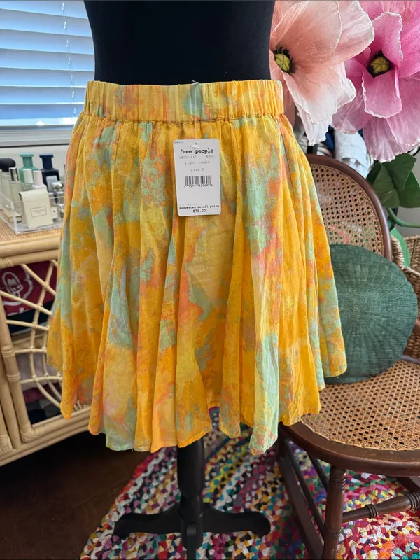 NWT Free People Sunny Goldenrod Tie Dye Pleat Garden Cottage Brunch Mini Skirt - Image 2