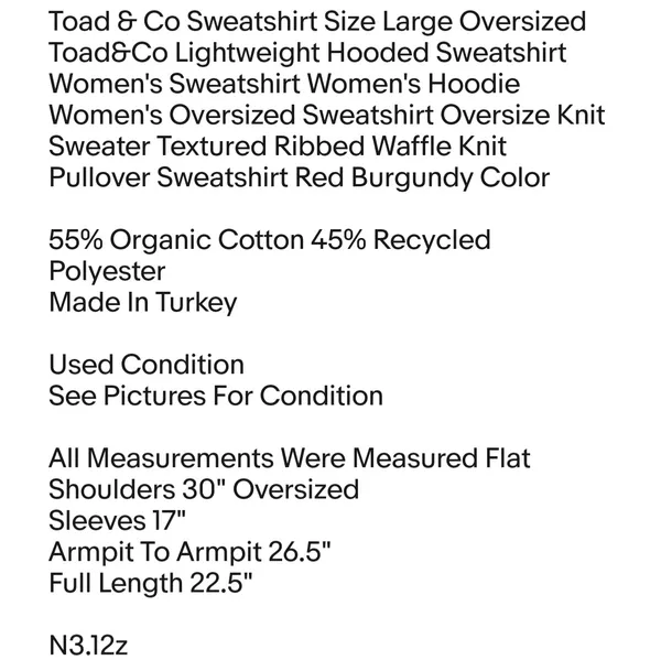 Toad & Co Sweatshirt Size Large Oversized Toad&Co Lightweight Hooded Sweatshirt Women's - Image 2