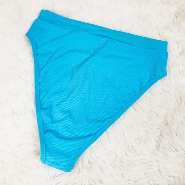 New L*SPACE Frenchi Bottom Bitsy‎ Cut High Waist Bikini Ribbed Aqua Blue Large - Image 3