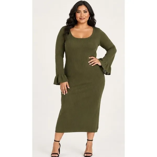 Scoop Womens Sweater Dress Sz XL Grape Leaf Ribbed Midi Bell Sleeve Square Neck - Image 3