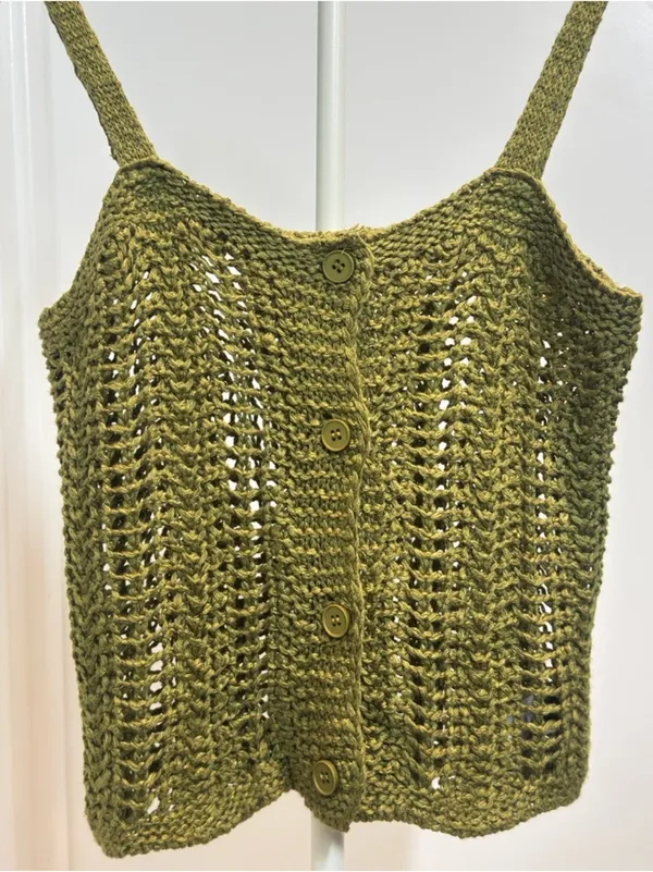 Cider Olive Crochet Button-Front V-Neck Sweater Tank - Image 4