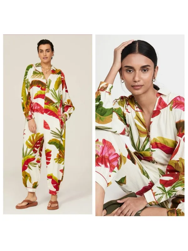 Farm Rio Spring Forest Tropical Vacation Linen Blend Jumpsuit - Image 2