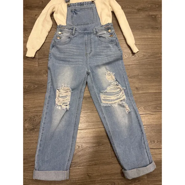 Womens Distressed Denim Jean Overalls Light Wash Relaxed Fit‎ Cropped Leg Size S - Image 2