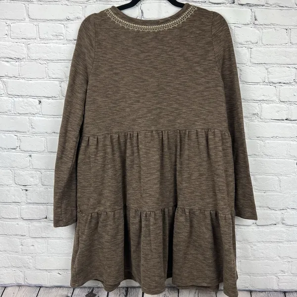 Easel Boho Brown Embroidered‎ Tiered Mini Dress Long Sleeve Babydoll Size Medium - Image 2