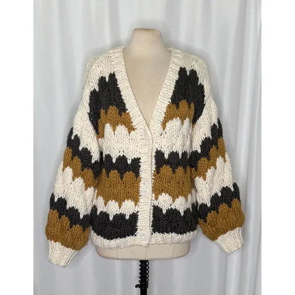 CHICWISH Color Block Hand Knit Chunky Cardigan Sweater Smoke Medium Large - Image 2