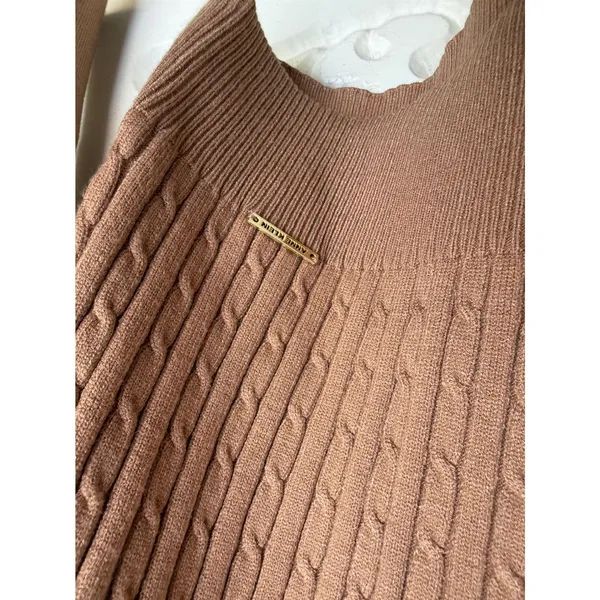Anne Klein Womens Camel Brown Cable Knit V-Neck Pullover‎ Sweater Size Medium - Image 3