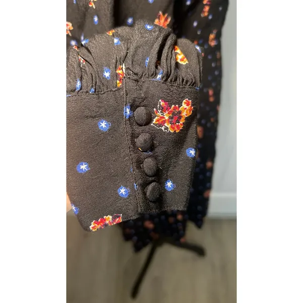 Free People Smocked Mini Dress M‎ Black Floral Square Neck Boho Long Sleeve - Image 3