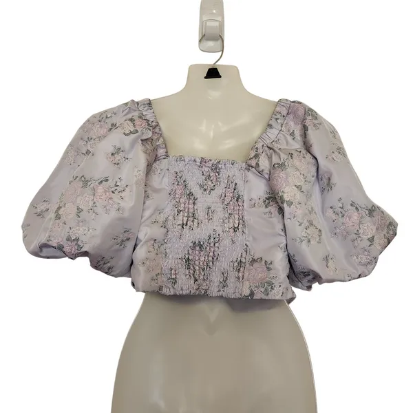 Express Purple Floral Puff Sleeve Ruched Front Chic Blouse Crop Top Size Medium - Image 3