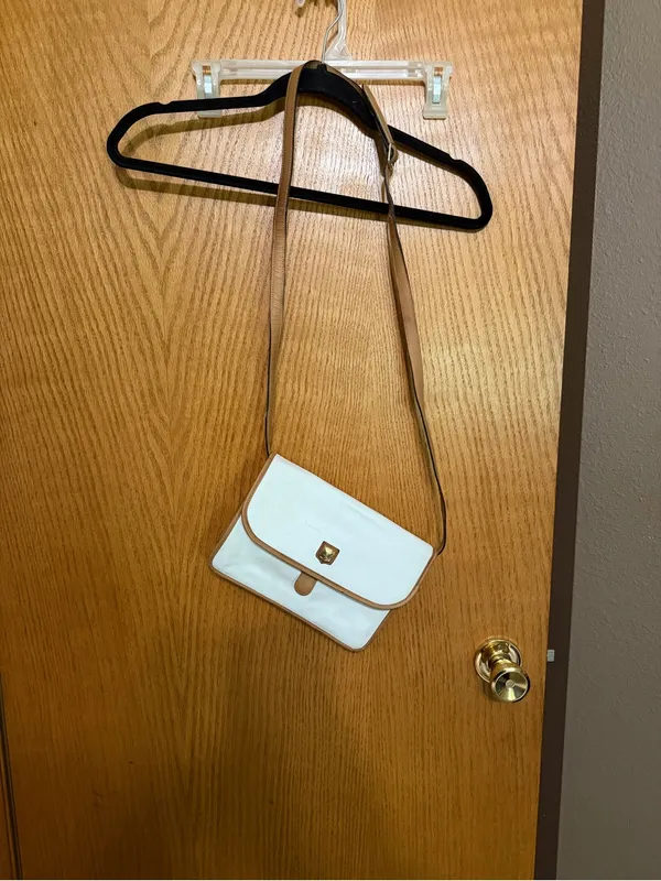 Celine crossbody bag White Leather Tote with Brown Trim and Gold Plaque - Image 4