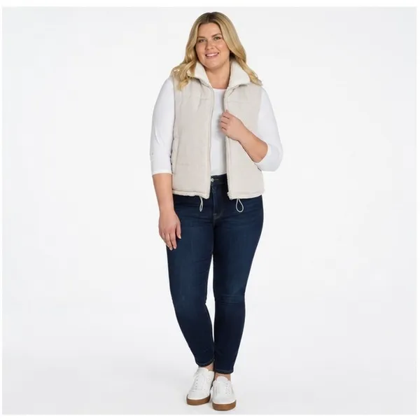 No Boundaries Womens Reversible Puffer Sherpa Vest Size XL Stone Tile Zip Pocket - Image 5