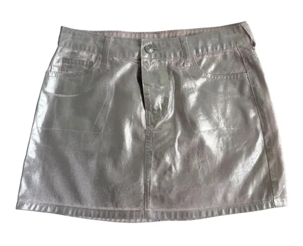 Gianni Bini NWT Sz S Mini Skirt Distressed Metallic Silver Pink Cotton Denim Shiny Pockets - Image 2