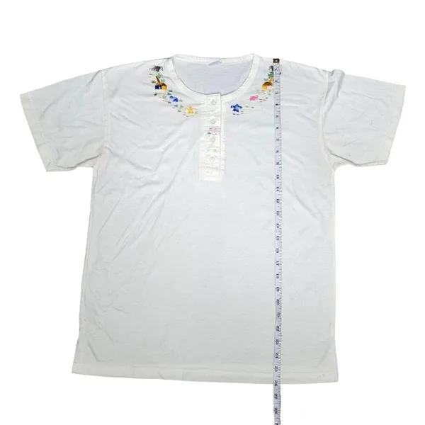 Vintage White Cotton Embroidered Henley Top With tropical Animal embroidery XL - Image 3
