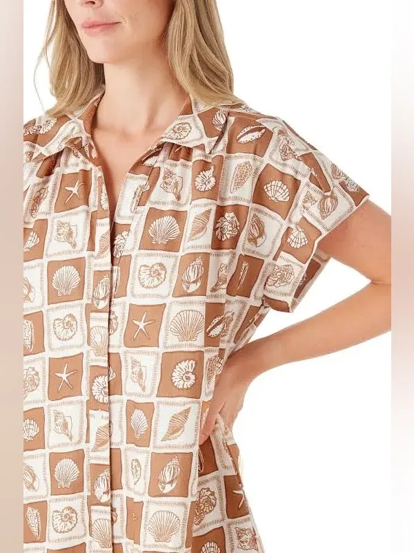 Crosby by Mollie Burch Linen Coastal Neutral Seashell Print Shirt Dress M - Image 3