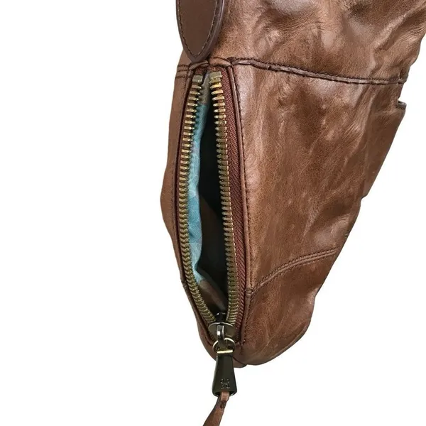 Hobo‎ International Brand Camel Leather Shoulder Bag with Blue Floral Liner - Image 8