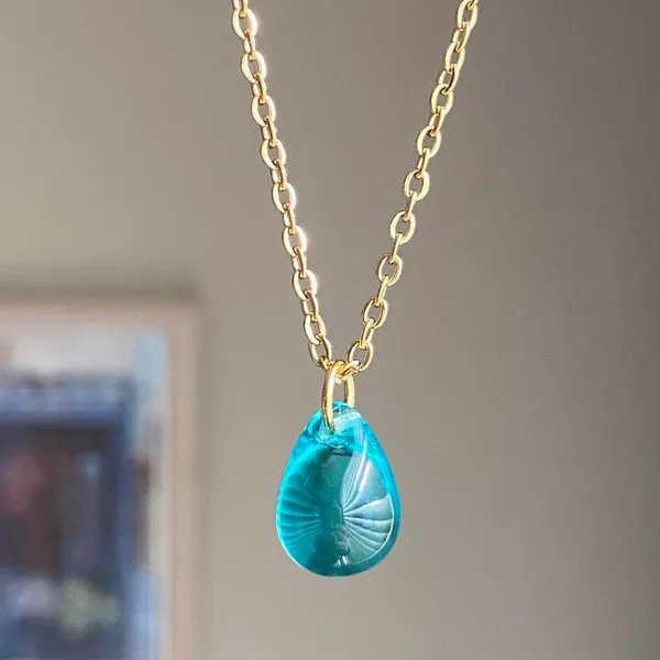 Handmade aqua teardrop Czech glass simple minimalist gold chain necklace💙 - Image 2