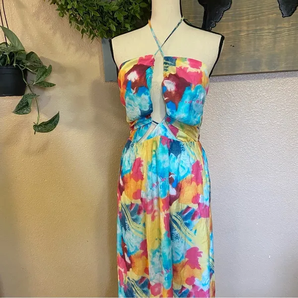NWOT Lulus Stunning One Multi Abstract Print Drawstring Halter Maxi Dress - Image 4