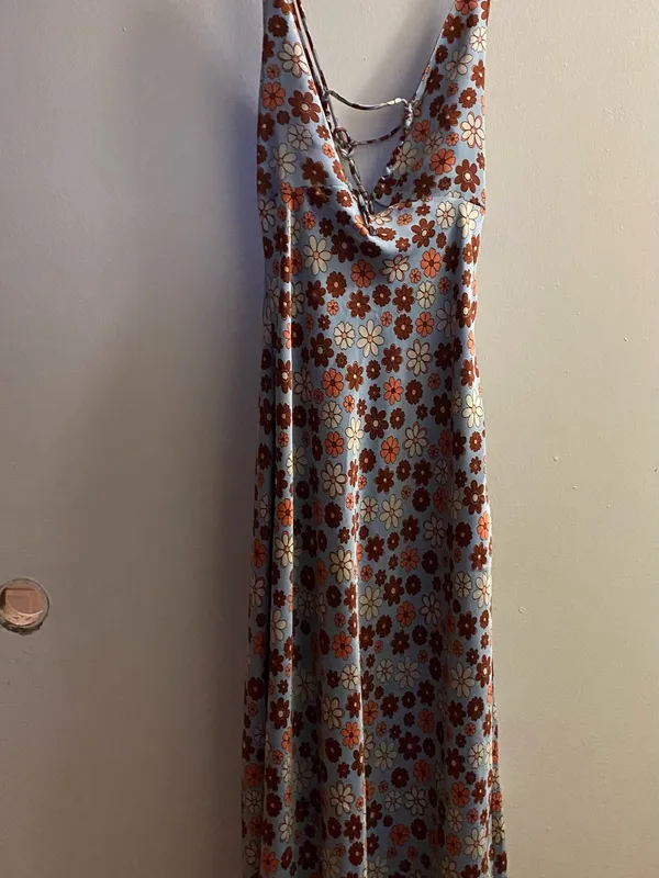 Cotton Candy LA Maxi Halter Slip Dress M Satin Blue Brown Floral Hippie Boho Vtg - Image 2