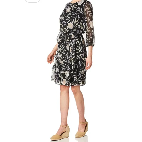 Calvin Klein Womens-XL Long Sleeve Dress with Belt & Teirs Black Floral‎ - Image 2