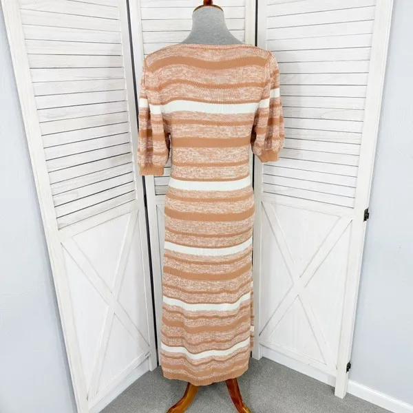 Amour Vert‎ Vivienne Striped Knit Sweater Dress Tan White Large Puff Sleeve Midi - Image 5