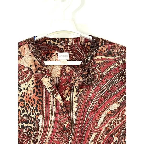 CHICOS Paisley Satin Sequin Neck Blouse Size 2 US 12 Tie Hem Blouse Top Dressy - Image 2