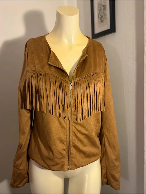 Me Jane Size Medium Women’s Faux Suede Fringe Jacket Brown Western Boho Zip - Image 2