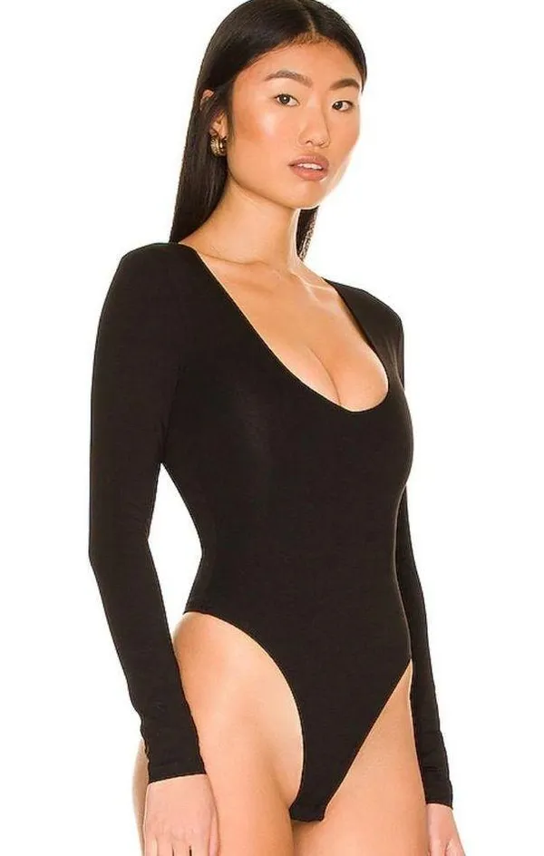 All The Way Deep V Neck Bodysuit in Black - Image 2