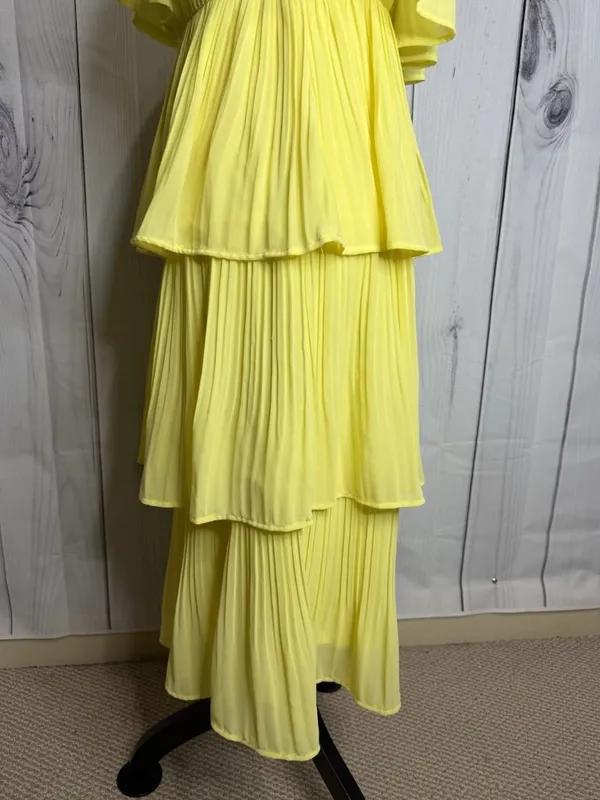 She + Sky Sz M Yellow Lined Chiffon Pleated Tiered Ruffle Midi Dress Sleeveless - Image 11
