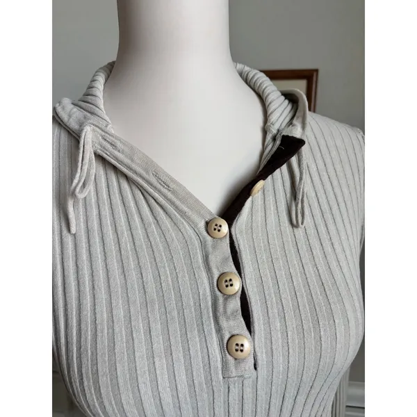 Y2K Ribbed Henley Hoodie Vintage Style Oatmeal Beige Long Sleeve Knit Top Small - Image 2