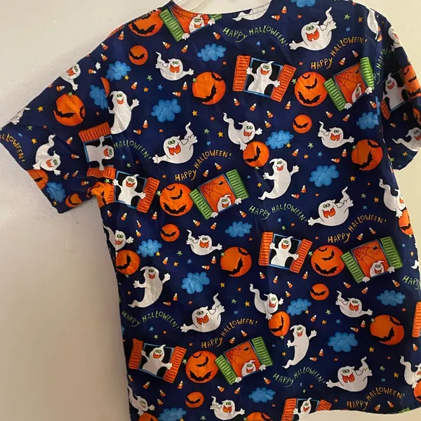 Womens Happy Halloween Scrubs Top S M By V Life Bust 40” Navy Ghosts Bats Moons - Image 6