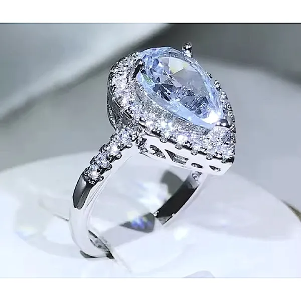 3ct Pear Halo‎ Ring | Rhodium Plated 925 Sterling Silver - Image 6