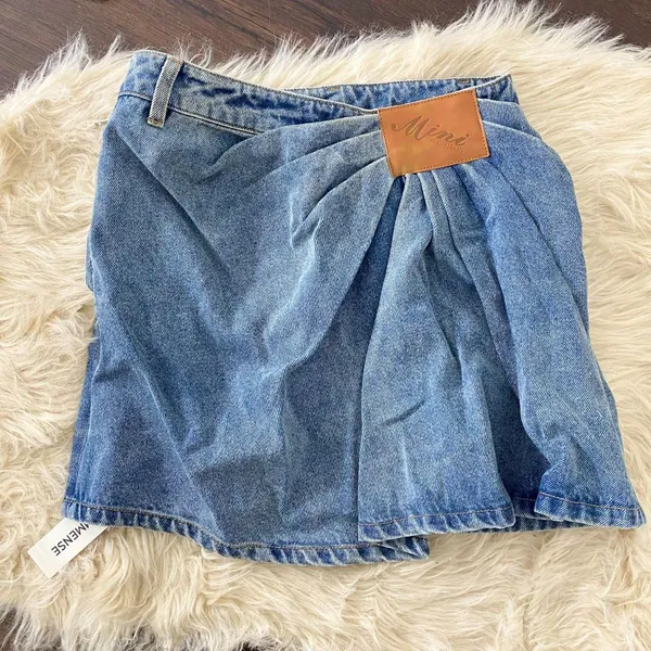 NWT Commense Asymmetric Pleated Denim Mini Skirt S - Image 2