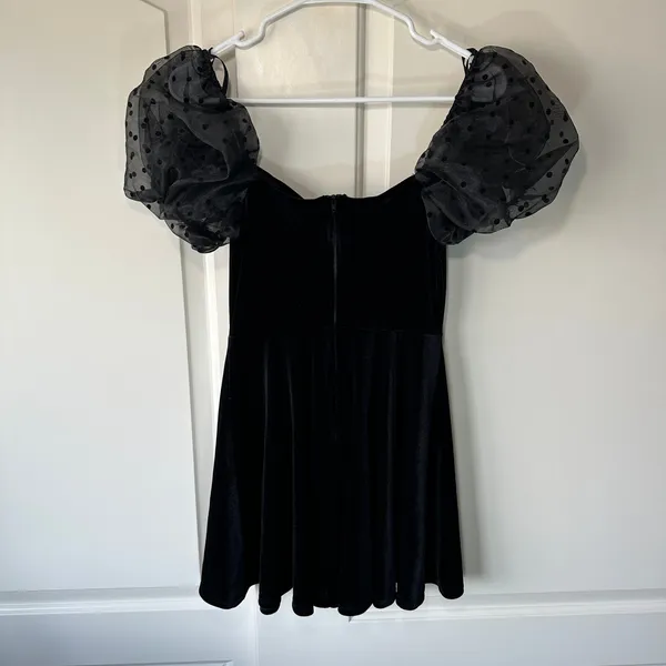 B. Darlin Velvet Mini Dress Skater Polka Dot Puff Sleeve Party Cocktail‎ Black S - Image 2