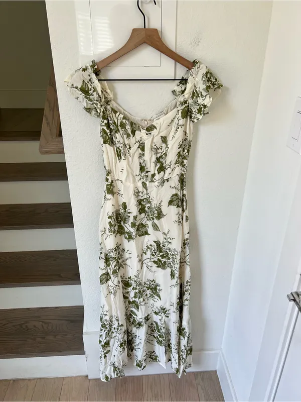 Reformation Butterfly Off-The-Shoulder Midi Dress in Green Floral - Image 3