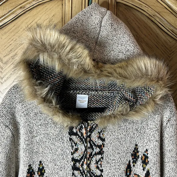 Northern angle ON BLUE AZTEC LONG CARDIGAN fur hooded SWEATER WESTERN BOHO.SZ L - Image 5