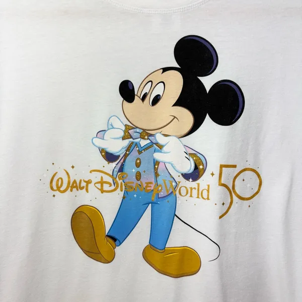 Disney White‎ T-Shirt with Mickey Mouse and Gold Accents Walt Disney World 50 - Image 2