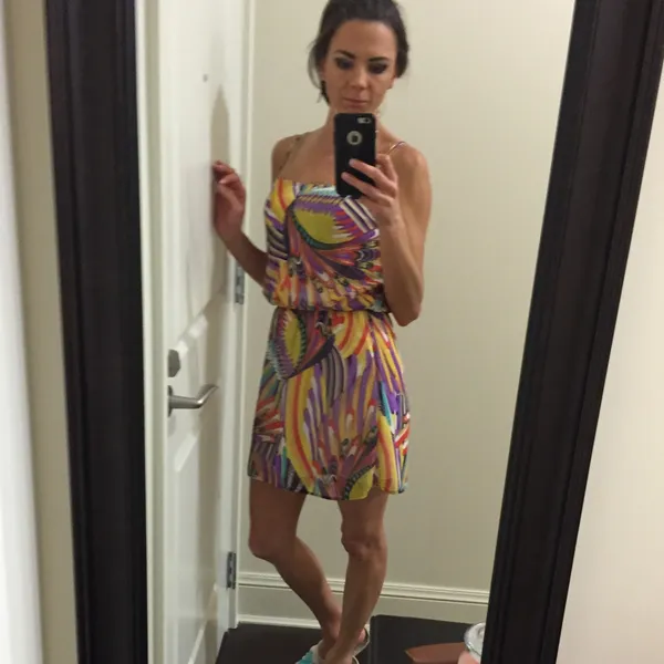 Groovy Multicolored Spaghetti Strap Short Dress with Cinched Waist Sz S - Image 9