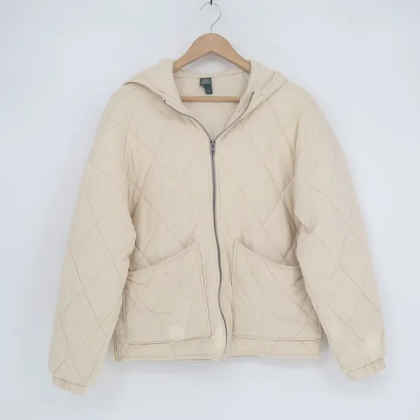 Wild Fable Quilted Jacket Womens Small Cream Full Zip Cotton Hooded Long Sleeve - Image 2