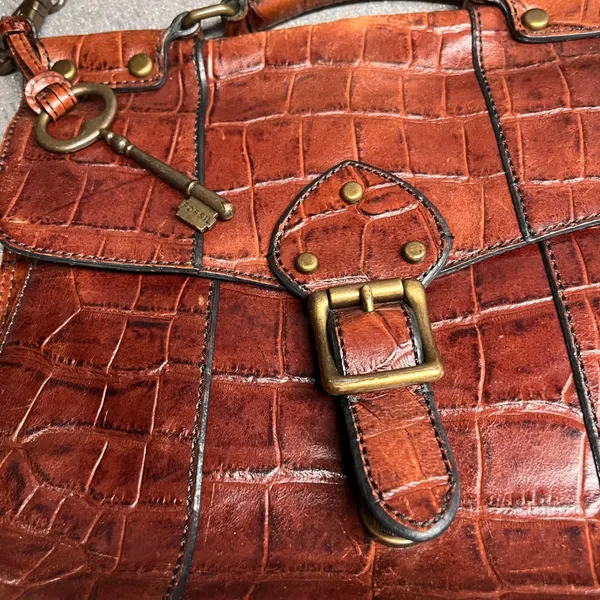 Fossil Crossbody Bag‎ Croc Embossed Leather Brown Women Small ZB5438 - Image 3