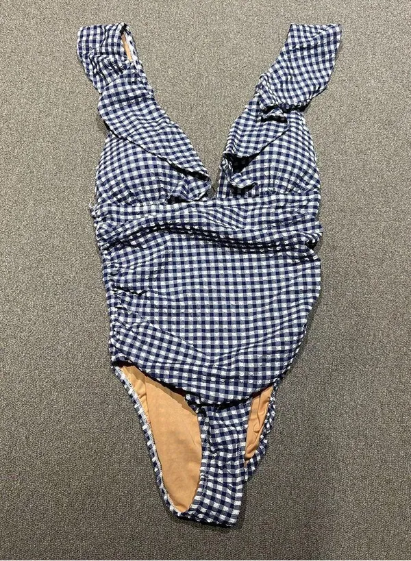 NWT J.Crew Gingham Ruched Ruffle One-Piece Swimsuit Womens Size 12 Blue White - Image 3