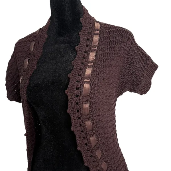 Brown Crochet Knit Shrug‎ Bolero Open Cardigan Size XS Indie Layering BOHO - Image 12