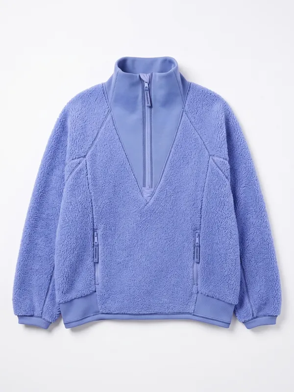 Free People Ready Set Ribbed Sherpa Pullover XL Blueberry Blue Quarter Zip - Image 3