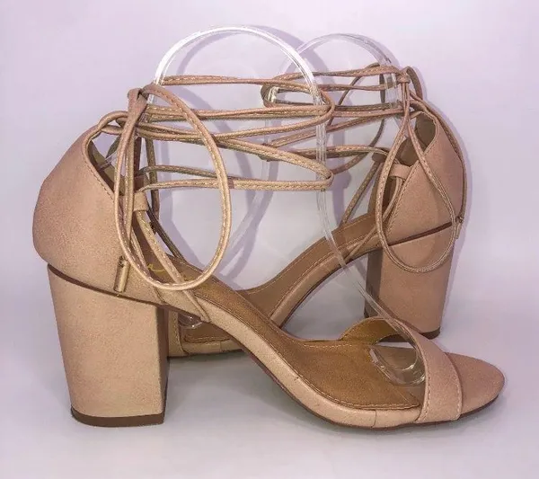 Lulus Open Toe Chunky Square Heel Lace up Calf Heels Nude Beige 7.5 Wore Once - Image 5