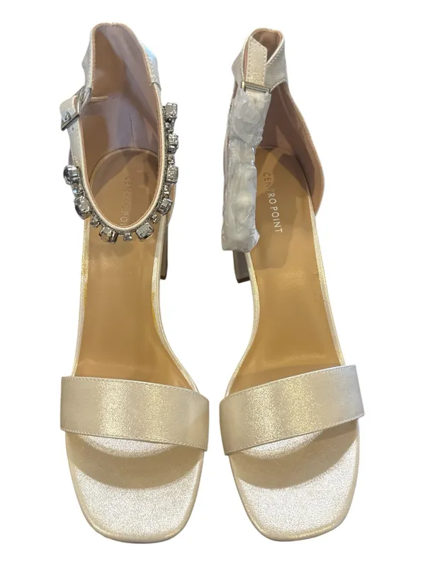 Women's Champagne Satin Block Heel Sandals with Crystal Ankle Strap - Image 2