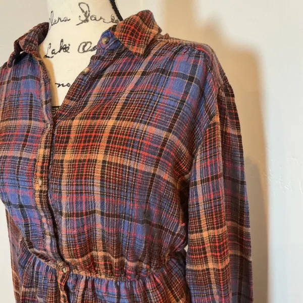 Free People Plaid Mini Dress Blue Orange Back Cutout Tie XS - Image 4