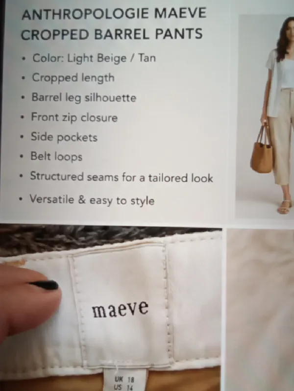 Maeve Light Beige Trousers Cotton Blend Cropped Barrel Leg Vacation Womens 14 - Image 5