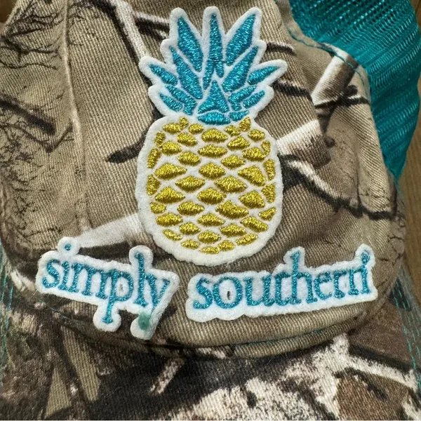 Simply Southern Low Profile Trucker Hat Teal &‎ Camo w/ Pineapple Logo - Image 6