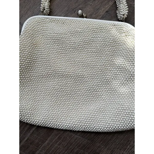 60s Beaded White Handbag Handle Evening Bag Purse USA Two Sided - Image 14
