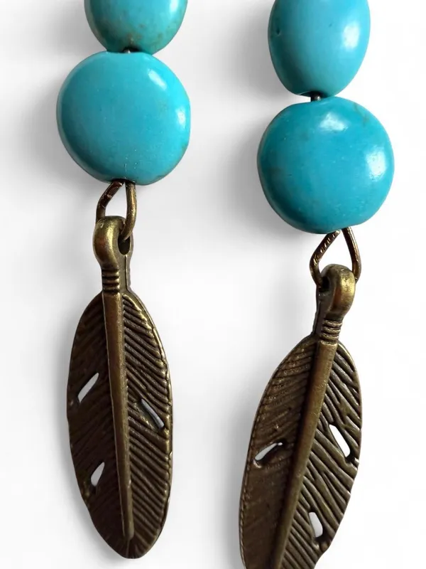 Handmade Turquoise Bead Feather Earrings Boho Western - Image 3