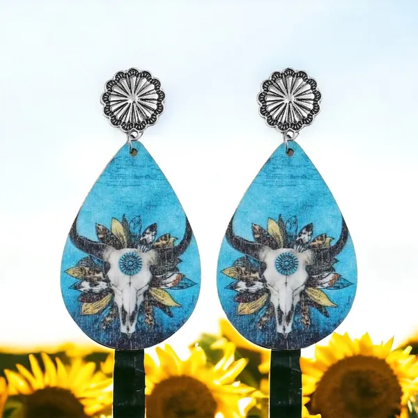 Handmade Wooden double sided western‎ style retro bullhead waterdrop dangle earrings - Image 8