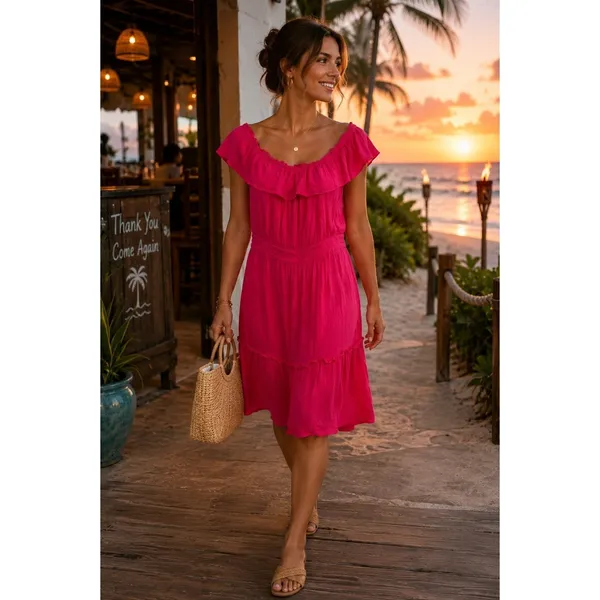Tommy Bahama‎ Pink Off The Shoulder Ruffle Tiered Gauze Dress Small S/Pi - Image 2